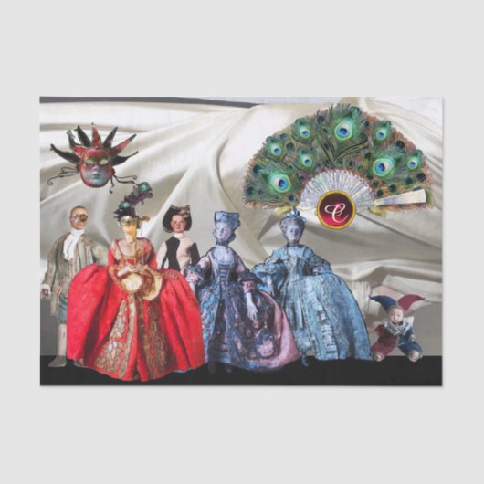 ANTIEK ITALIAANSE POPPEN, MASKERADE MASKERS WIT TISSUEPAPIER (Voorkant)