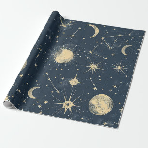 Antiek Ivoor Hemelse Maan Sterrenkaart Marineblauw Cadeaupapier