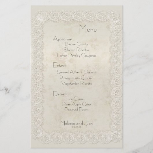 Antiek Ivory Lace Floral Wedding Menu Stationery (Voorkant)