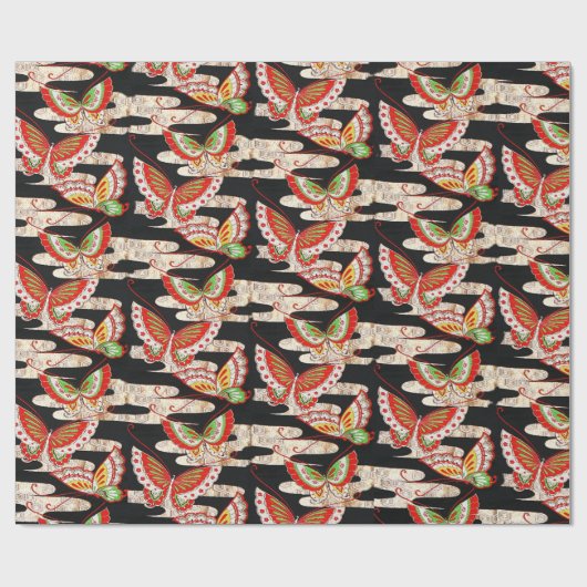ANTIEK JAPANESE BUTTERFLIES Rood Zwart wit Cadeaupapier (Vlak)