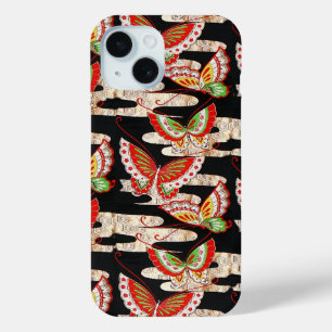 ANTIEK JAPANESE BUTTERFLIES Rood Zwart wit iPhone 15 Case
