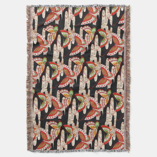 ANTIEK JAPANESE BUTTERFLIES Rood Zwart wit Deken (Voorkant Verticaal)