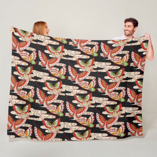 ANTIEK JAPANESE BUTTERFLIES Rood Zwart wit Fleece Deken (In situ)