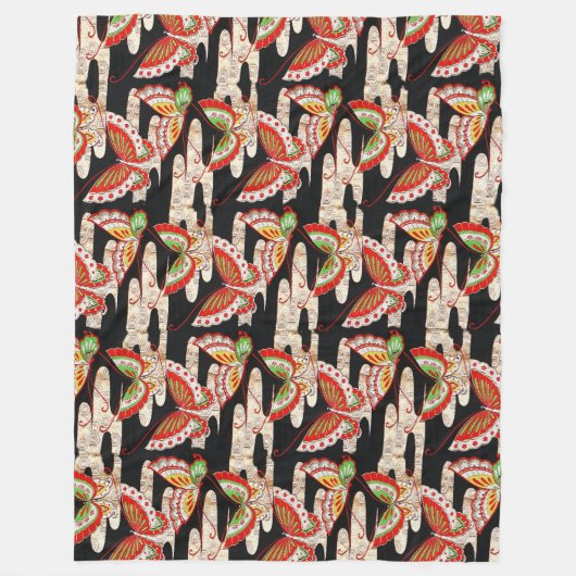 ANTIEK JAPANESE BUTTERFLIES Rood Zwart wit Fleece Deken (Voorkant)