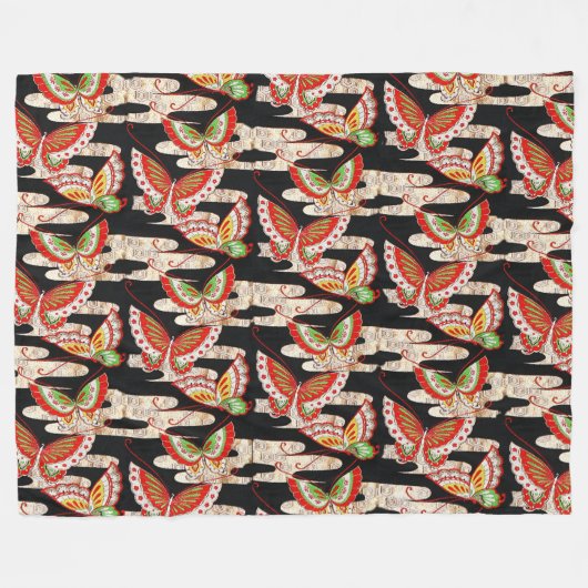 ANTIEK JAPANESE BUTTERFLIES Rood Zwart wit Fleece Deken (Voorkant (Horizontaal))