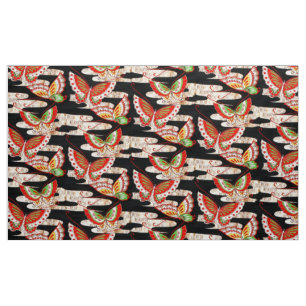 ANTIEK JAPANESE BUTTERFLIES Rood Zwart wit Stof