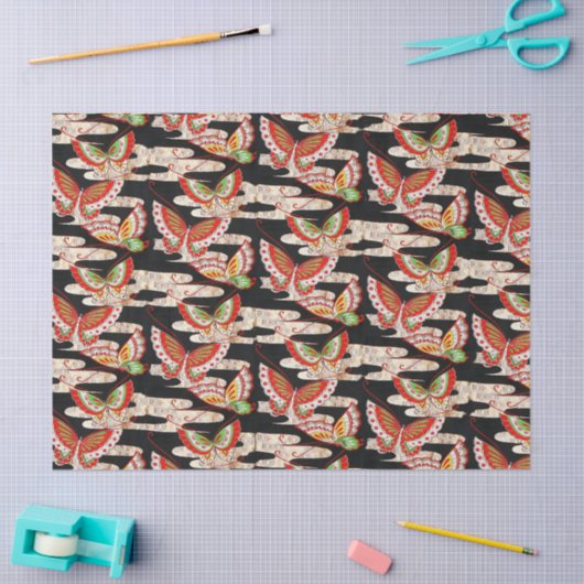 ANTIEK JAPANESE BUTTERFLIES Rood Zwart wit Tissuepapier (Craft)