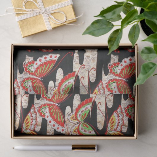 ANTIEK JAPANESE BUTTERFLIES Rood Zwart wit Tissuepapier (Geschenk)