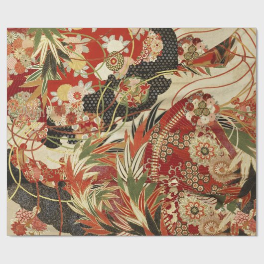 ANTIEK JAPANESE STROMEN Rode groene zwarte Floral Cadeaupapier (Vlak)