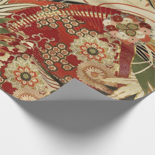 ANTIEK JAPANESE STROMEN Rode groene zwarte Floral Cadeaupapier (Hoek)