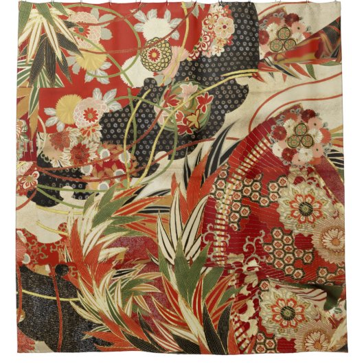 ANTIEK JAPANESE STROMEN Rode groene zwarte Floral Douchegordijn (Voorkant)