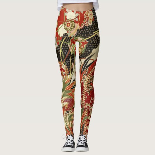 ANTIEK JAPANESE STROMEN Rode groene zwarte Floral Leggings (Voorkant)
