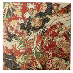 ANTIEK JAPANESE STROMEN Rode groene zwarte Floral  Tegeltje