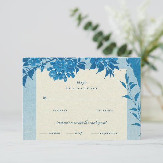 Antiek Japans blauw Cherry Blossom RSVP Kaartje (Staand voorkant)