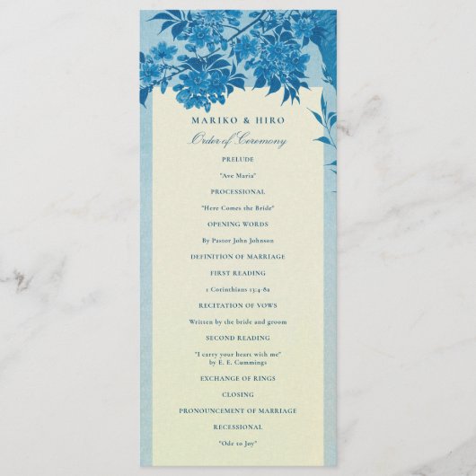Antiek Japans blauw Cherry Blossom Wedding Programmakaart (Voorkant)