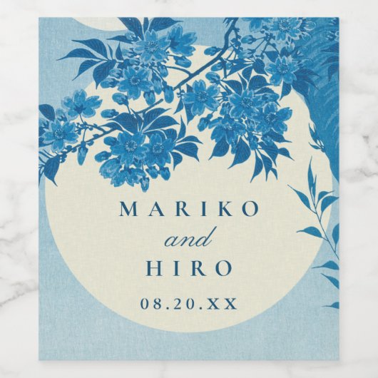 Antiek Japans blauw Cherry Blossom Wijn Etiket (Enkel label)