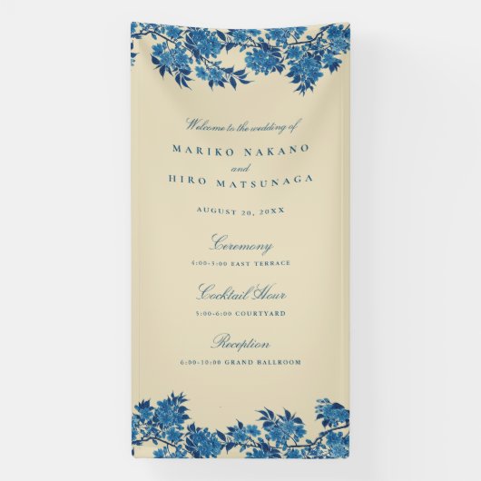 Antiek japans blauw kersenbloesem welkom spandoek (Verticaal)