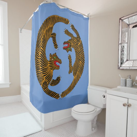 Antiek Japans Folk Art Tigers Douchegordijn (In situ)