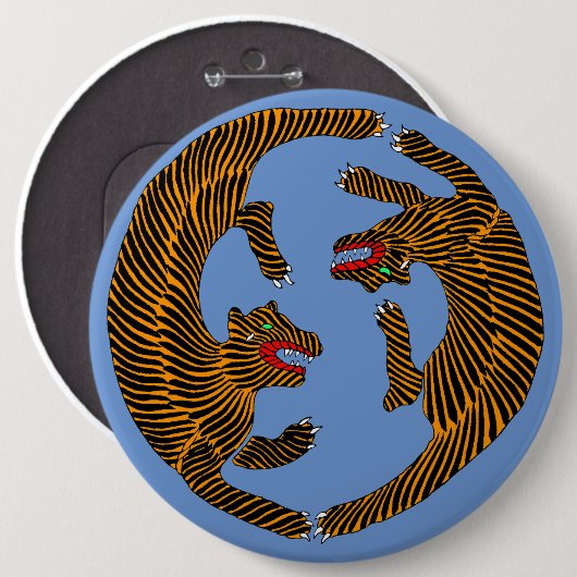 Antiek Japans Folk Art Tigers Ronde Button 6,0 Cm (Voorkant /achterkant)