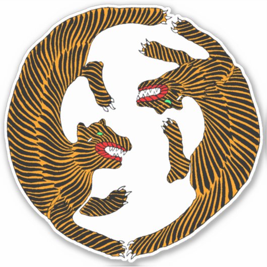 Antiek Japans Folk Art Tigers Sticker (Voorkant)