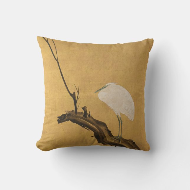 Antiek Japans Heron op een Willow Branch Print Kussen (Voorkant)