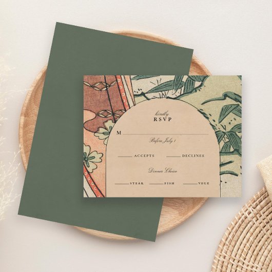 Antiek Japans Kimono Bamboo Wedding RSVP Kaartje
