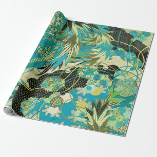 ANTIEK JAPANSE BLOEMEN Aqua Blue Green Bloemen Cadeaupapier