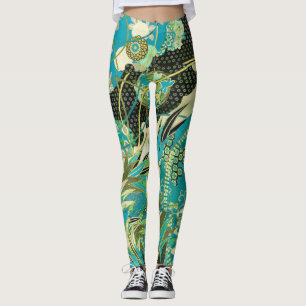 ANTIEK JAPANSE BLOEMEN Aqua Blue Green Bloemen Leggings