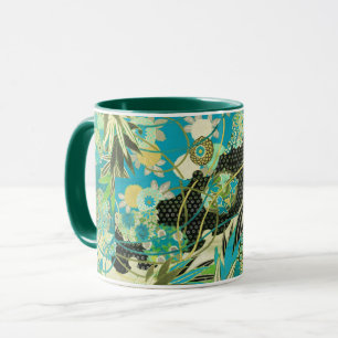 ANTIEK JAPANSE BLOEMEN Aqua Blue Green Bloemen Mok