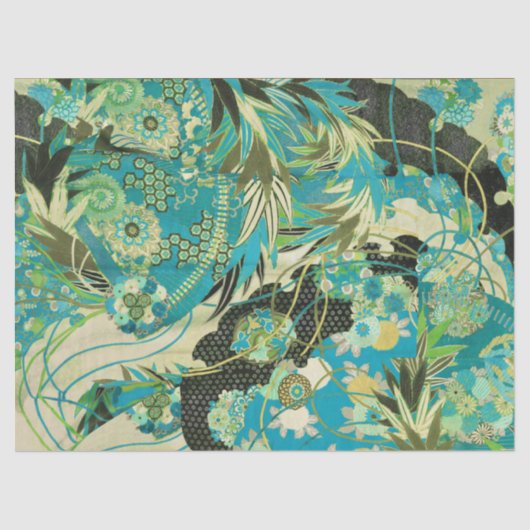 ANTIEK JAPANSE BLOEMEN Aqua Blue Green Bloemen Tissuepapier (Voorkant)