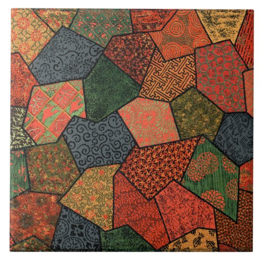 ANTIEK JAPANSE BLOEMEN, BLADEREN ,GEOMETRISCHE BLO TEGELTJE (Voorkant)