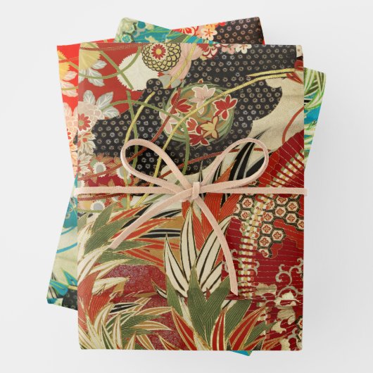 ANTIEK JAPANSE BLOEMEN Rood Blauwgroen Groen Bloem Inpakpapier Vel (In situ)