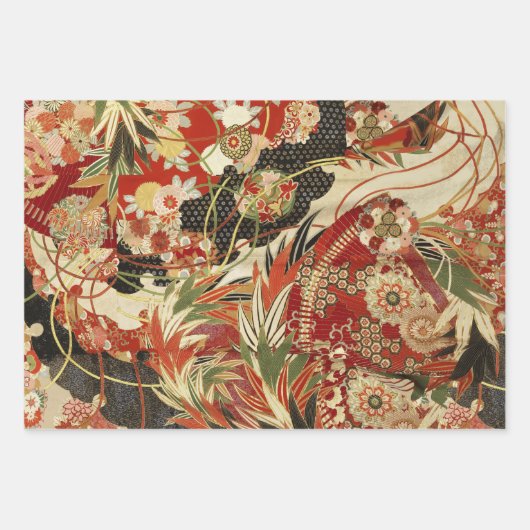 ANTIEK JAPANSE BLOEMEN Rood Blauwgroen Groen Bloem Inpakpapier Vel (Voorkant)