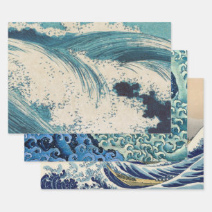 Antiek Japanse Blue Waves Ocean Print Inpakpapier Vel
