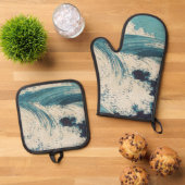 Antiek Japanse Blue Waves Ocean Print Ovenwant & Pannenlap Set (Top down)