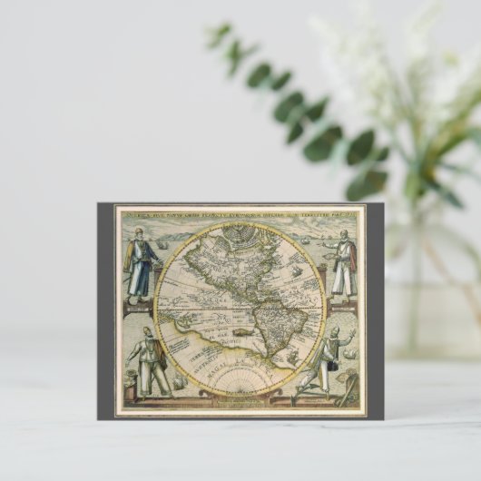 Antiek kaart, 1596, Amerika Sive Novus Orbis Briefkaart (Staand voorkant)