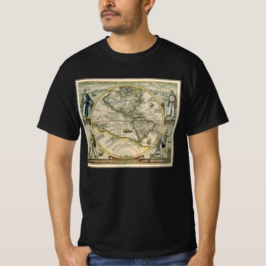 Antiek kaart, 1596, Amerika Sive Novus Orbis T-shirt (Voorkant)