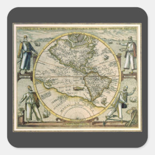 Antiek kaart, 1596, Amerika Sive Novus Orbis Vierkante Sticker