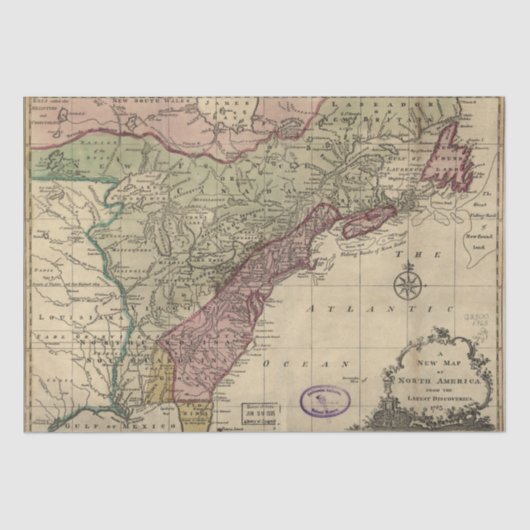 Antiek kaart 1763 Noord-Amerika, herstelde loskopp Tissuepapier (Voorkant)