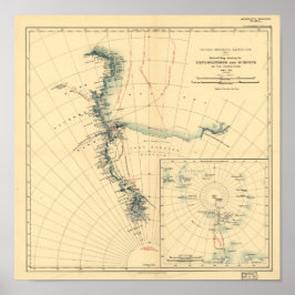 Antiek kaart 1909 van Antarctische expeditie en en Poster