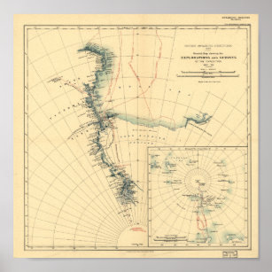 Antiek kaart 1909 van Antarctische expeditie en en Poster