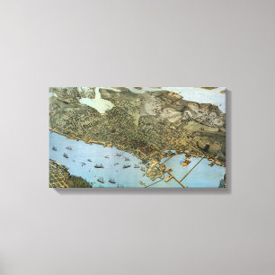 Antiek Kaart Aerial Uitzicht City of Seattle Washi Canvas Afdruk