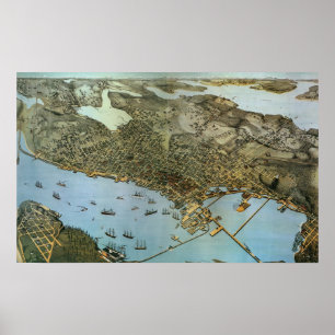 Antiek Kaart Aerial Uitzicht City of Seattle Washi Poster