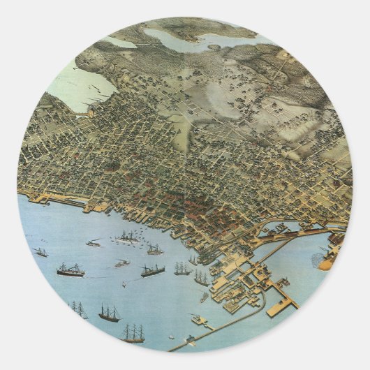 Antiek Kaart Aerial Uitzicht City of Seattle Washi Ronde Sticker (Voorkant)