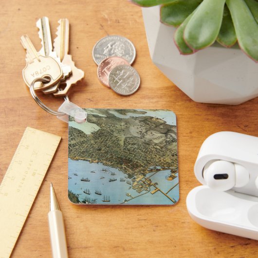 Antiek Kaart Aerial Uitzicht City of Seattle Washi Sleutelhanger (Bureau)