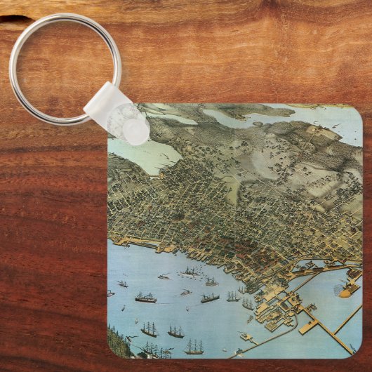 Antiek Kaart Aerial Uitzicht City of Seattle Washi Sleutelhanger (Voorkant)