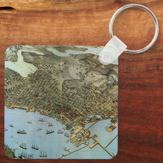 Antiek Kaart Aerial Uitzicht City of Seattle Washi Sleutelhanger (Achterkant)