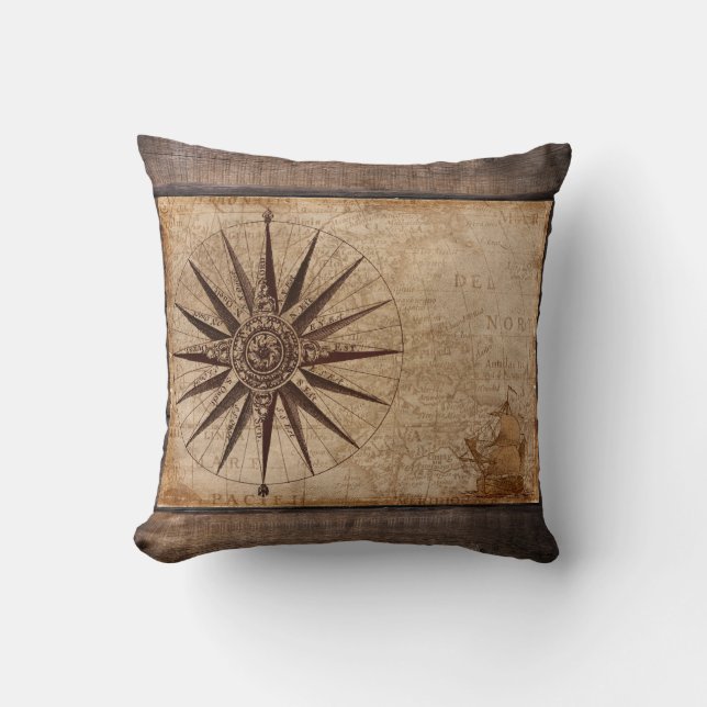Antiek  kaart Compass Ship Nautical Distress Kussen (Voorkant)