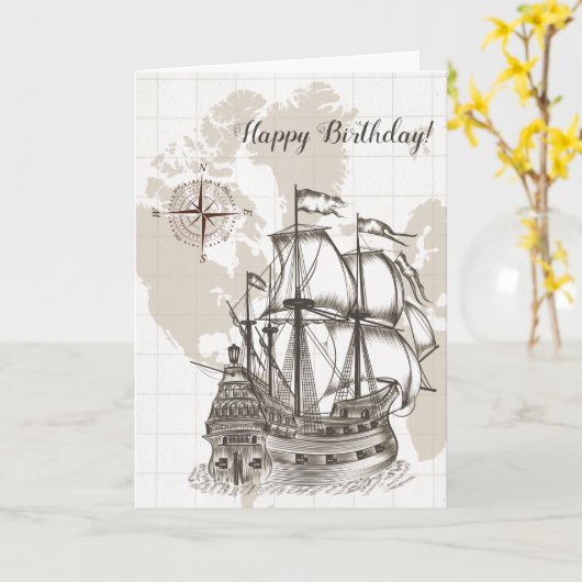 Antiek kaart en zeilboot Birthday (Gele Bloem)