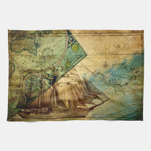 Antiek kaart - keukenhanddoek (Horizontaal)